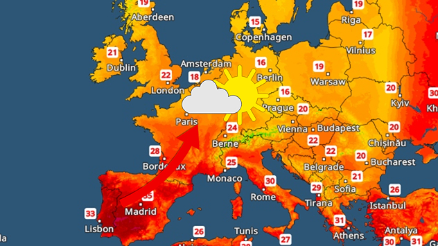 European weather map showing temperatures and weather symbols. A red arrow points from Spain and southern France towards Central Europe, indicating the influx of very warm air. A sun-and-cloud symbol is shown over Germany, indicating pleasant, partly cloudy weather. Maximum temperatures of over 30 degrees are forecast for Spain and Portugal, whilst in Germany, France and the Alpine regions temperatures are mostly between 22 and 25 degrees. The map illustrates a warm south-westerly flow transporting summer air towards Central Europe.