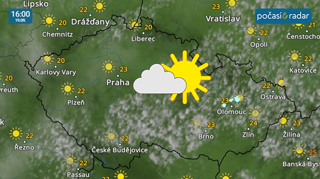 Meteoradar, screenshot, 19. 9. 16:00: Sobota do Česka přinese slunečné a teplé počasí.