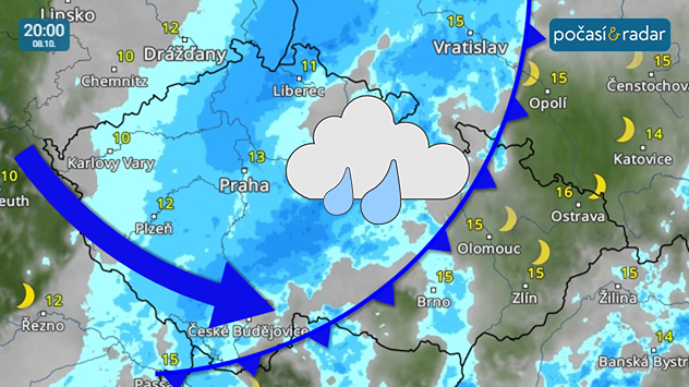 Meteoradar, screenshot, 8. října 20:00: Ve čtvrtek přes Česko bude přecházet studená fronta. Ochladí se, zaprší a přechodně i výrazně zesílí vítr.