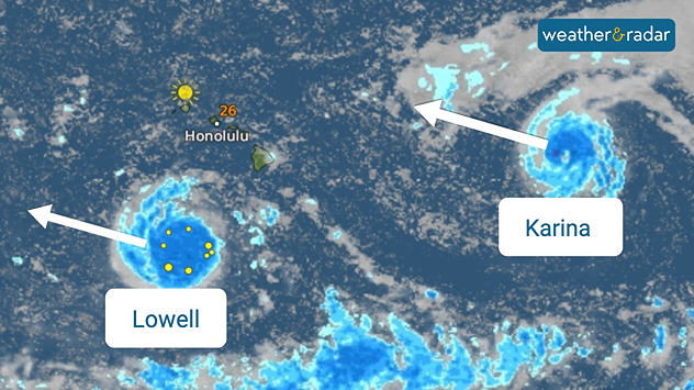 Satellite weather map near Hawaii showing tropical systems Lowell and Karina with blue rain bands, marked centres, and arrows indicating western movement.