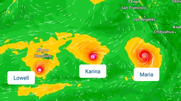 WindRadar for Friday, showing the three hurricanes – Lowell, Karina and Maria – over the Pacific.
