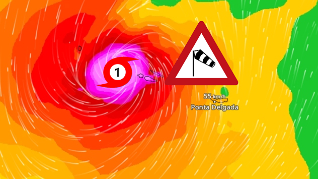 Carte météo avec un ouragan au large de Ponta Delgada, dans les Açores.