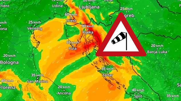 Die sogenannte Bora fegt mit Sturmböen über Kroatien hinweg, wie unser WindRadar eindrücklich zeigt.