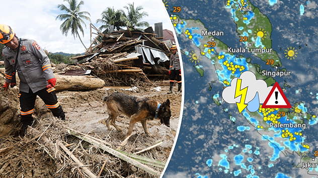La imagen muestra a la izquierda los escombros de una casa y a la derecha el radar meteorológico con tormentas en Sumatra.