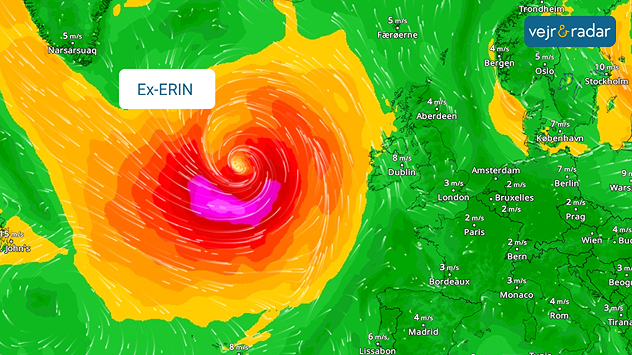 VindRadarkort viser Ex-ERIN vest for Irland med kraftige vinde.