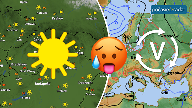 Vľavo pohľad na jasný meteoradar, vpravo synoptická mapa.