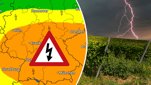 Grafik zur Gewittergefahr am Dienstag mit Warnkarte für Deutschland und Foto eines Blitzes über einer Weinlandschaft.