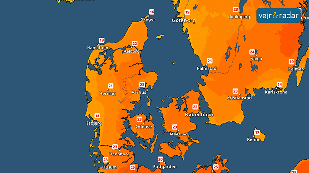 VejrRadar over Danmark med sommerlige temperaturer op til 25 grader i store dele af landet.