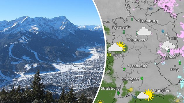 Verschneite Alpenlandschaft neben einer Deutschlandkarte mit Wettervorhersage. (c) foto-webcam.eu