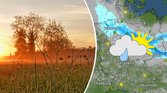 Geteilte Ansicht: Links Sonnenaufgang in Bietigheim-Baden mit Wiese, Bäumen und leichtem Nebel, Aufnahme vom 17.04.2026; rechts das WetterRadar mit Wolken, etwas Regen und 6–11 °C.