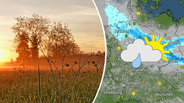 Geteilte Ansicht: Links Sonnenaufgang in Bietigheim-Baden mit Wiese, Bäumen und leichtem Nebel, Aufnahme vom 17.04.2026; rechts das WetterRadar mit Wolken, etwas Regen und 611 °C.