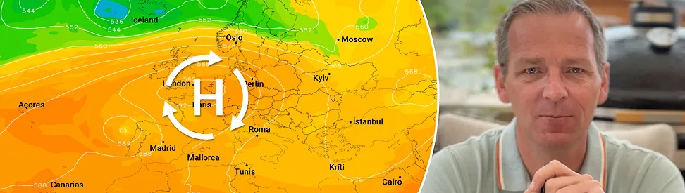 Wetterkarte Europas mit Hochdruckgebiet über Westeuropa neben einem Moderator in hellgrünem Poloshirt.