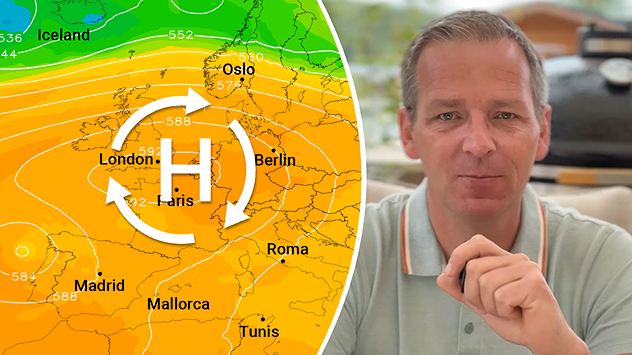 Wetterkarte Europas mit Hochdruckgebiet über Westeuropa neben einem Moderator in hellgrünem Poloshirt.