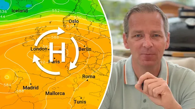 Wetterkarte Europas mit Hochdruckgebiet über Westeuropa neben einem Moderator in hellgrünem Poloshirt.