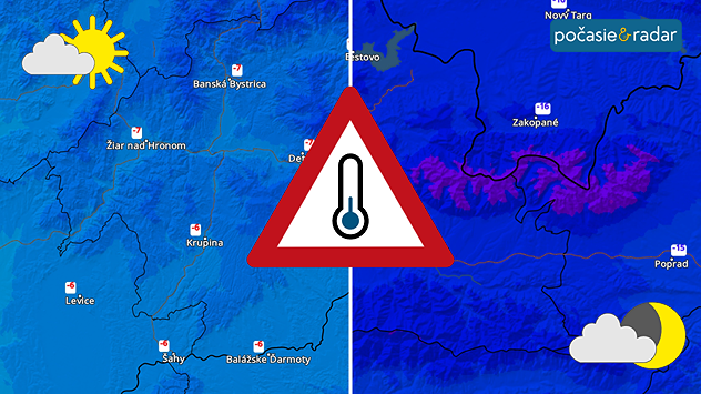 Rozdelený obázok. Vľavo aj vpravo teplotný radar. Vľavo cez deň, vpravo v noci. Medzi tým symbol výstrahy pred nízkymi teplotami. Vľavo hore symbol polooblačného počasiam cez deň, vpravo dole v noci.