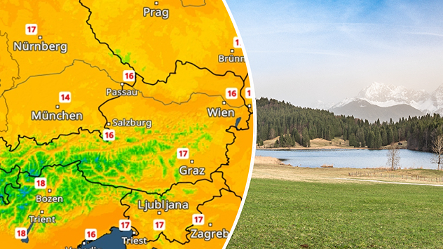Wetterkarte mit Höchstwerten um 16 bis 18 Grad in Süddeutschland und Österreich. Daneben Landschaft mit See und Bergen im Hintergrund.