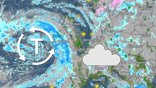 Das WetterRadar zeigt viele Wolken über Europa. Über dem Atlantik liegt ein Tiefdruckgebiet.