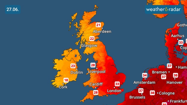 Temperature map of the UK and western Europe on 27.06 showing hot conditions across Britain, with temperatures reaching 33°C near London, 28°C around Liverpool and Cardiff, 22°C in Glasgow, and widespread orange to deep red heat zones.
