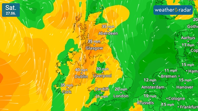 Wind forecast map of the UK and nearby Europe on Saturday 27.06 showing breezy conditions with airflow streamlines and gusts of 30 to 40 mph across Ireland, Scotland, and northern England, easing to around 20 mph in southern England.