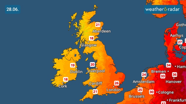 Temperature map of the UK and western Europe on 28.06 showing warm conditions across Britain, with temperatures reaching 26°C near London, 21°C around Cardiff and Aberdeen, 20°C near Liverpool, and widespread orange shades across the country.