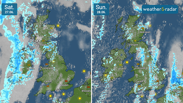 Split satellite weather maps comparing Saturday 27.06 and Sunday 28.06 across the UK, showing scattered Atlantic showers on Saturday followed by fewer showers and brighter conditions on Sunday, with temperatures around 17 to 30°C.