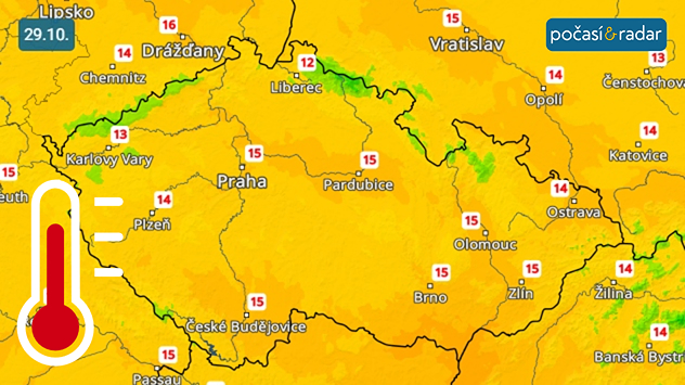 Předpověď maximálních denních teplot v Česku na středu 29. října. Od středy se v Česku začnou objevovat vyšší denní teploty kolem 15 °C.