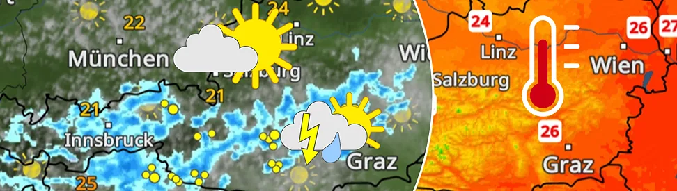 Wetter- und Temperaturkarte für Österreich am Sonntag mit Sonne, lokalen Schauern und Gewittern sowie Höchstwerten bis 27 Grad.