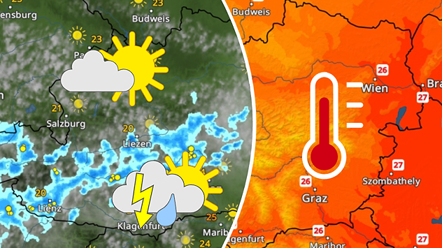 Wetter- und Temperaturkarte für Österreich am Sonntag mit Sonne, lokalen Schauern und Gewittern sowie Höchstwerten bis 27 Grad.