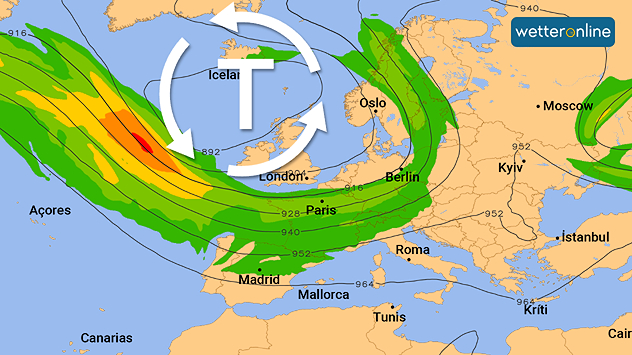 Mapa meteorológico con baja presión sobre Islandia y corriente en chorro sobre Europa.