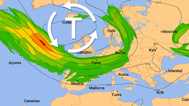 Mapa meteorológico con baja presión sobre Islandia y corriente en chorro sobre Europa.
