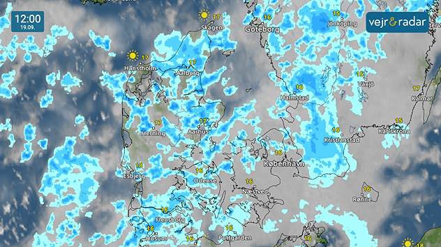 VejrRadar over Danmark den 19. september med udbredte regnbyger og skyet vejr.
