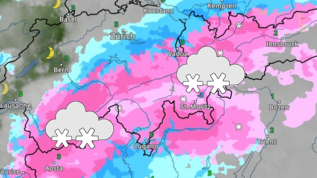 El mapa meteorológico muestra fuertes nevadas en la parte occidental de los Alpes.