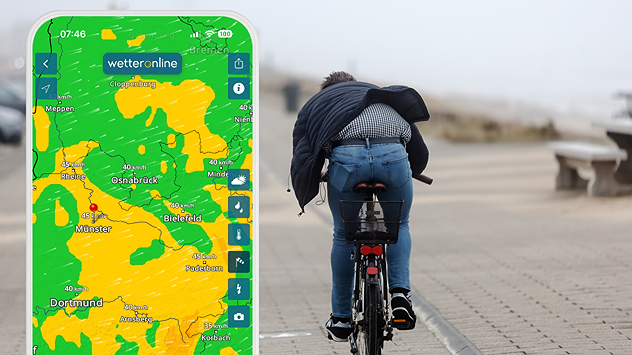 Das WindRadar in der WetterOnline App. Rechts: Ein Radler kämpft mit Gegenwind.