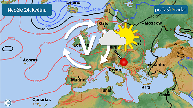Předpověď synoptické situace nad Evropou na neděli 24. května: Počasí v Česku bude na závěr týdne pod vlivem rozsáhlé tlakové výše se středem nad střední až severozápadní Evropou.