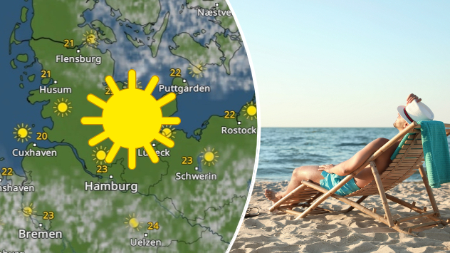 WetterRadar für Nord- und Ostsee und Foto eines Mannes im Liegestuhl am Strand