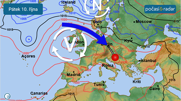 Mapa synoptické situace nad Evropou, pátek 10. října. Česko v těchto dnech setrvává v severozápadním proudění v prostoru mezi tlakovou výší nad Britskými ostrovy a tlakovou níží nad severní Evropou.
