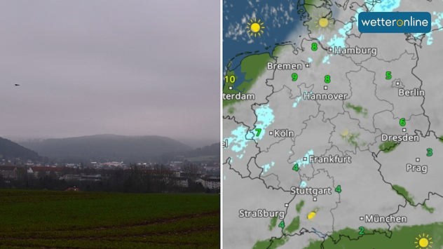 Wetterkarte mit dichter Bewölkung und milden Werten, daneben graue Landschaft unter Wolken.