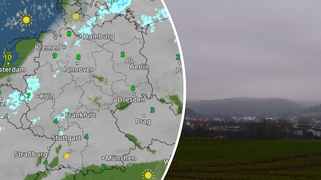 Wetterkarte mit dichter Bewölkung und milden Werten, daneben graue Landschaft unter Wolken.