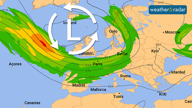 Weather map showing low pressure over Iceland and jet stream over Europe.