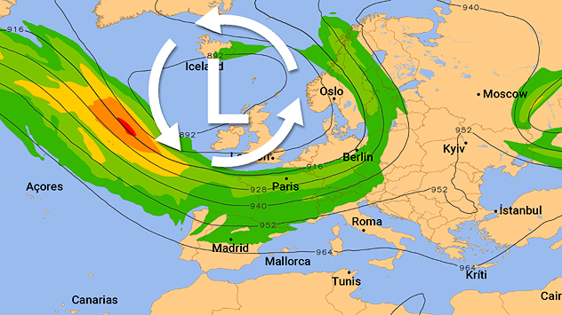 Weather map showing low pressure over Iceland and jet stream over Europe.