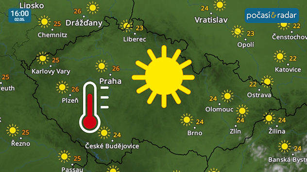 Meteoradar, screenshot, 2. 5. 16:00: Sobota přinese do Česka slunečné počasí s maximálními teplotami až kolem 25 °C.