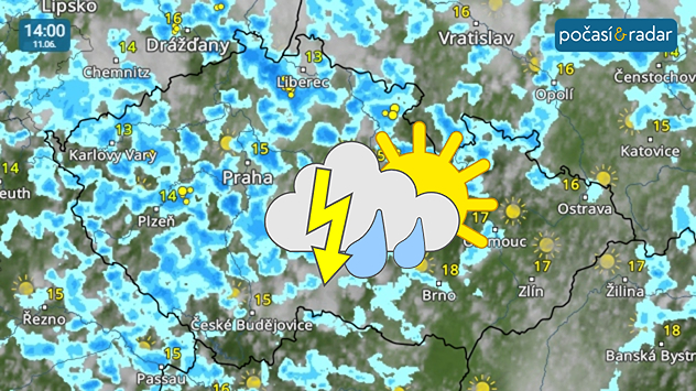 Meteoradar, screenshot, 11. června 14:00: Ve čtvrtek bude nad Českem převládat proměnlivá, většinou zvětšená oblačnost, kterou doprovodí poměrně četné přeháňky nebo i bouřky.