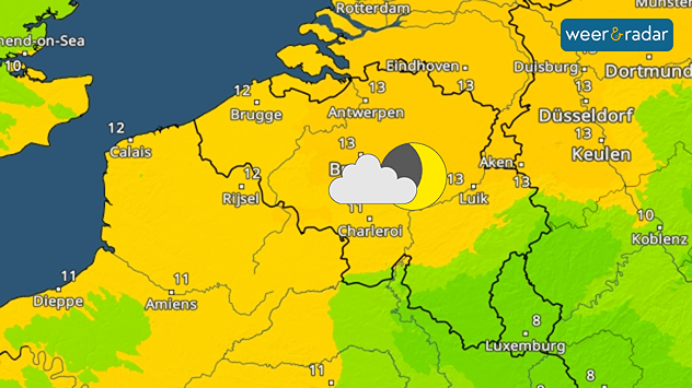 De TemperatuurRadar is groen/geel en toont temperaturen van 10 tot 13 graden in het laagland en 8 graden in de Ardennen. Een maan en opklaringen zijn ingetekend.