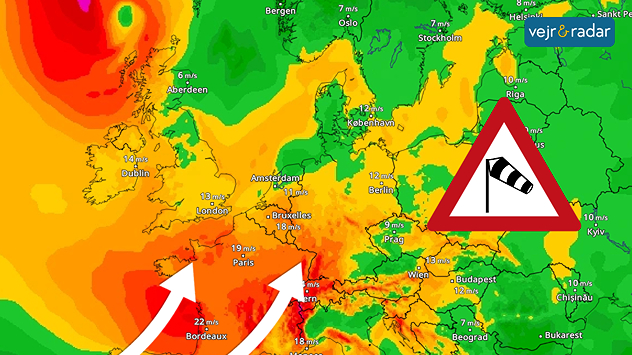 VindRadar viser storm over det sydvestlige Europa, som bevæger sig nordpå.