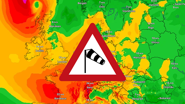 VindRadar viser storm over store dele af Vesteuropa.