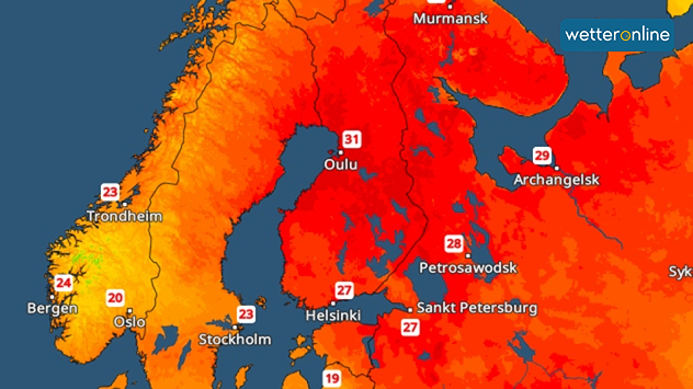 Hitzekarte über Skandinavien und Nordwest-Russland mit kräftigen Rottönen und Temperaturen bis 31 °C, Warnsymbol über Finnland