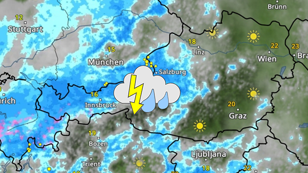 WetterRadar mit ausgedehnten Regengebieten über Süddeutschland, Tschechien und Österreich sowie einzelnen Gewittern.