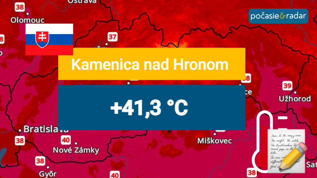 Teplotná mapa Slovenska s ikonou slovenskej vlajky, teplomerom a poznámkovým papierom, ktorá informuje o novom oficiálne potvrdenom teplotnom rekorde 41,3 °C v Kamenici nad Hronom