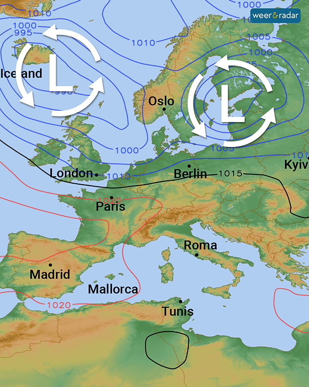 In Noord-Europa bepalen twee stormdepressies het weer, deze zijn ingetekend. 