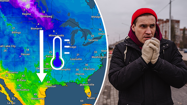 Imagen dividida que muestra el TemperatureRadar a la izquierda y un hombre en un clima frío a la derecha.